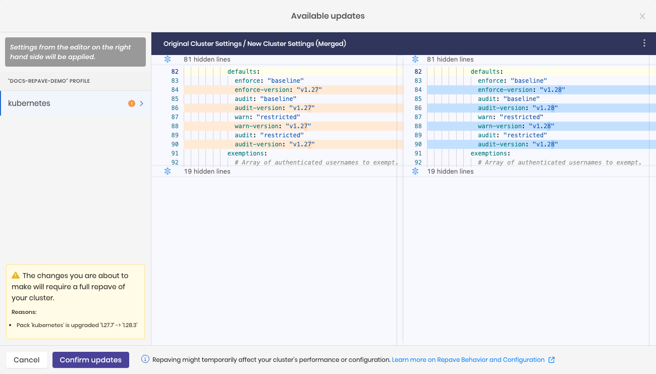 Preview of repave updates in the Palette editor