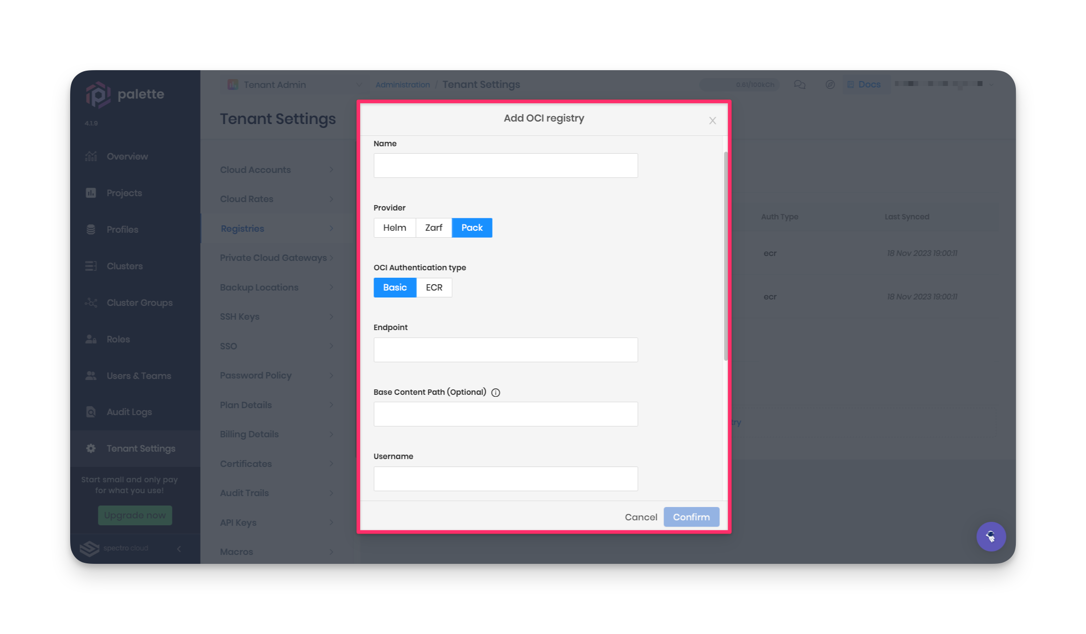 A screenshot highlighting the fields to configure an OCI registry. 